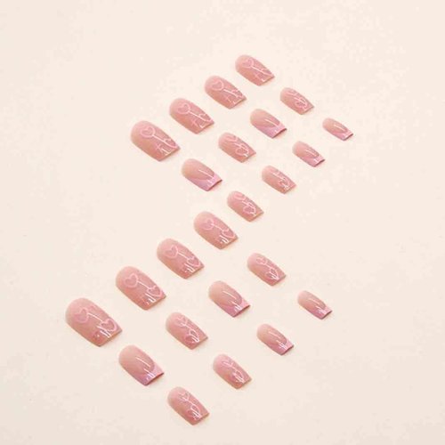 Enppode Pink Press on Nails Medium Fake Nails Square Acrylic Nails with Hearts Design Full Cover Nails 24 PC/Set