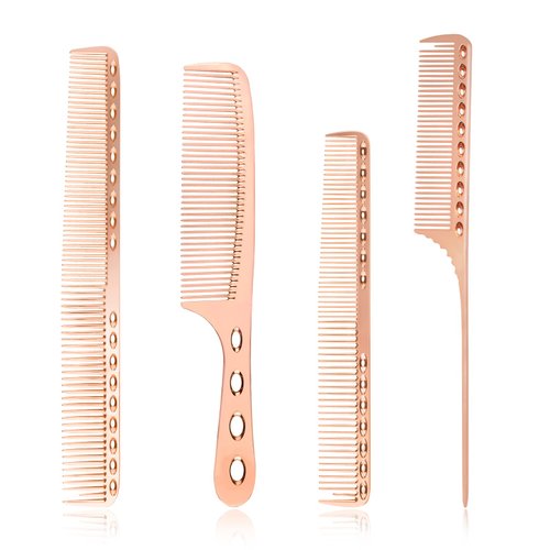 CestoMen 4 Types Metal Comb Professional Aluminum Set for Barber Hair Styling - Fine Cutting, Rat Tail, Detangling, Handle Combs - Rose Gold