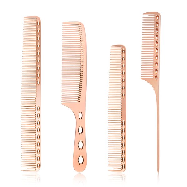 CestoMen 4 Types Metal Comb Professional Aluminum Set for Barber Hair Styling - Fine Cutting, Rat Tail, Detangling, Handle Combs - Rose Gold