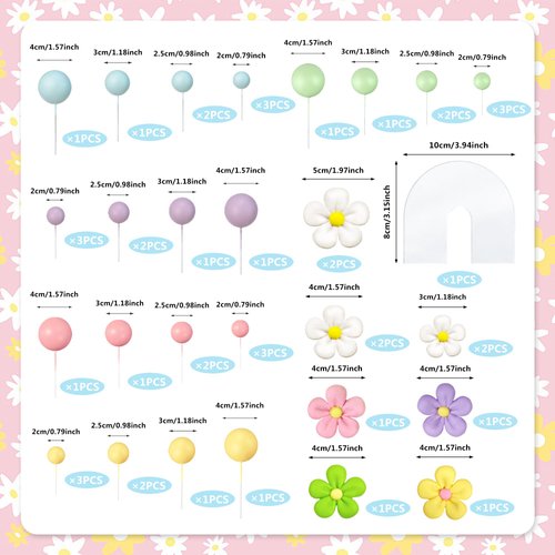 46 PCS Acrylic Rainbow Cake Toppers Colorful Balls Cake Decorations Boho Daisy Flower Cake Toppers for Wedding Baby Shower Birthday Party Supplies (Colorful)