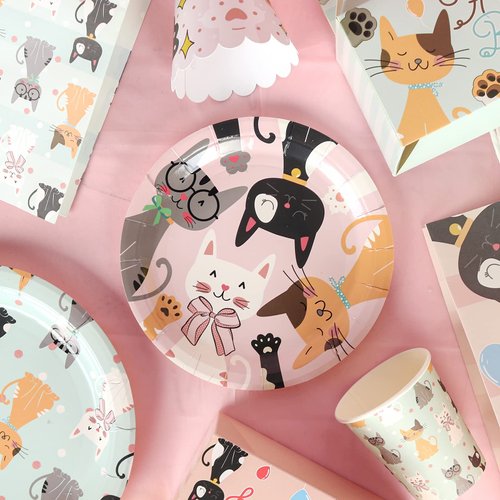 146Pcs Serves 16 Cat Theme Birthday Party Decorations Set,Kitten Disposable tableware,9in/7in Plates,Napkins,Cups,Knives,Forks,Spoons,Cupcake Toppers＆Wrappers Table Cover and Banner Party Favor.