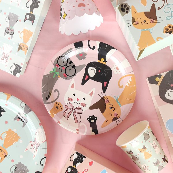 146Pcs Serves 16 Cat Theme Birthday Party Decorations Set,Kitten Disposable tableware,9in/7in Plates,Napkins,Cups,Knives,Forks,Spoons,Cupcake Toppers＆Wrappers Table Cover and Banner Party Favor.