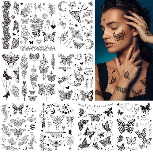 VIWIEU Realistic Fake Women Tattoos Butterflies Flowers Temporary 10 Sheets for Women and Girls, Waterproof & Removable Fake Floral Body Art Stickers for Summer Bridal Party Favors