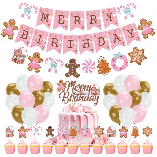 K KUMEED Pink Gingerbread Man Decorations,Christmas Merry Birthday Banner Cute Candy House Cake Topper Latex Balloons for Boys Girls Merry Birthday Birthday Party Supplies Baby Shower