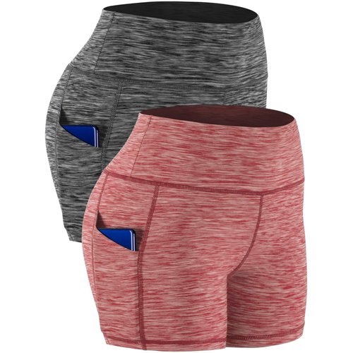 CADMUS Women's High Waist Yoga Shorts,Tummy Control,Workout Shorts Out Pockets,2 Pack,1015,Black & Red,Medium