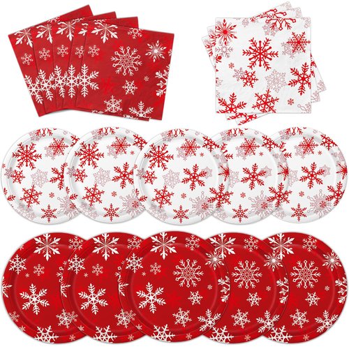 QIYANPAX Christmas Plates and Napkins Serve 50 Snowflake Plates Sets Includes Dinner Plates, Dessert Plates, Napkins for Christmas Party Supplies Holiday Decorations