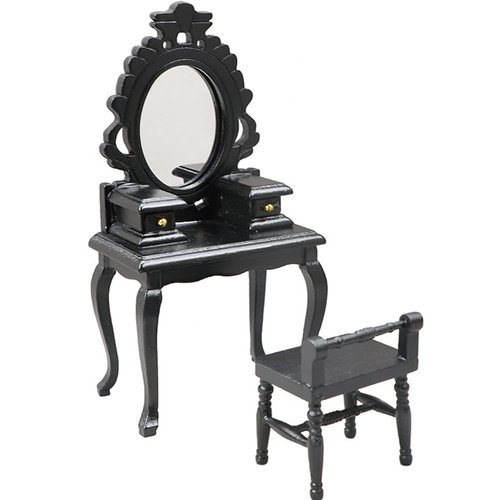 LUOZZY 2pcs Miniature Dollhouse Furniture Accessories 1:12 Scale Miniature Dresser Table and Stool Kit, Black