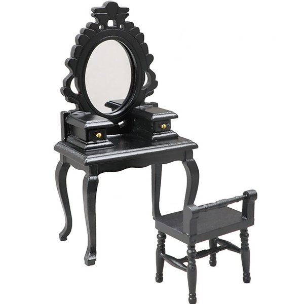 LUOZZY 2pcs Miniature Dollhouse Furniture Accessories 1:12 Scale Miniature Dresser Table and Stool Kit, Black