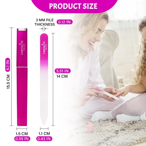 CANVALITE Glass Nail File for Natural Nails Double Sided 180/320 Grit Crystal Nail Files with Case Glass Fingernail File Stocking Stuffers for Women Girls Gifts, Fuchsia