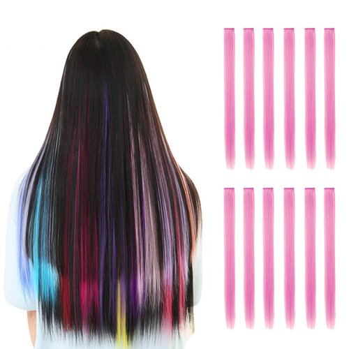 Rosette Hair 20 Inch 10pcs/set Multiple Colors Colored Hair Extensions-Party Highlights Straight Heat Hairpieces-Synthetic Clip on in Hair Extensions (pink)