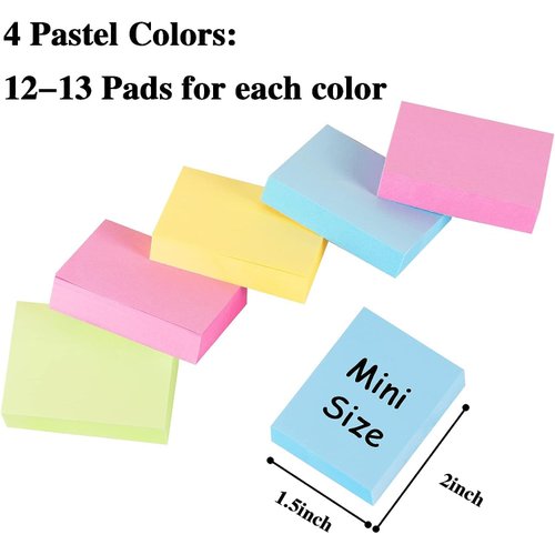 50 Pads Mini Sticky Notes 1.5X 2 inch, Small Self-Stick Note, Bulk Tiny Pads for Office, School, Home, 100 Sheets/Pad, 4 Pastel Colors, Pink, Yellow, Green, Blue
