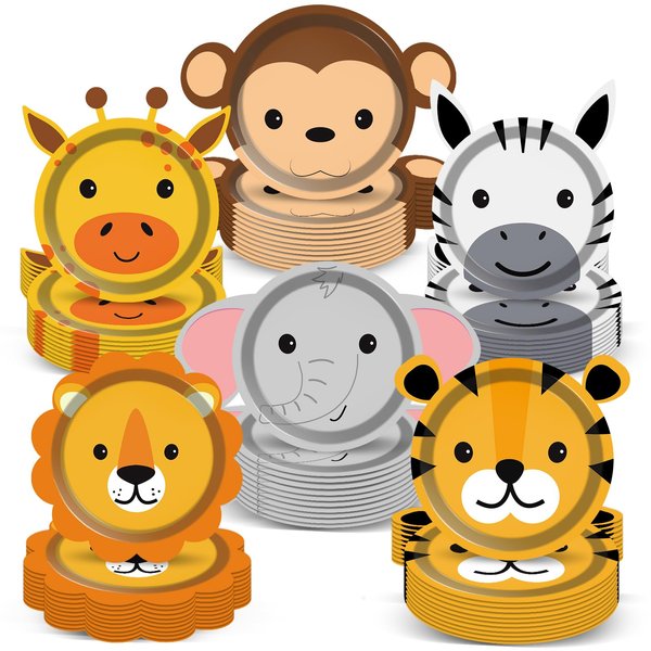 60 Count Jungle Safari Party Paper Plates Animal Shaped Disposable Plates Safari Theme Party Plates Safari Birthday Party Dinnerware Plates for Birthday Baby Shower Jungle Animal Theme Party Favors