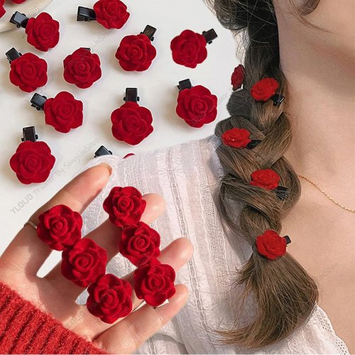Rose Hair Clip for Women Girls, 20 Pcs Mini Red Flower Hair Barrettes Headpiece Hair Vintage Hair Pins for Bridal Wedding Valentine Mother's Day Halloween Birthday Party Gift