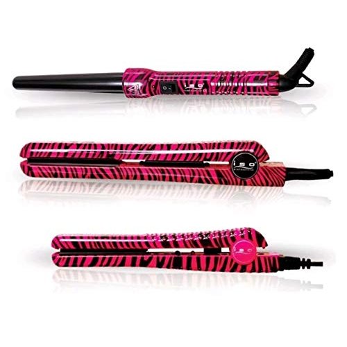 ISO Beauty Full Set w/ 1.25" Hair Straightener, Curling Iron Wand and Mini Flat Iron Complete Full Set (Pink Zebra)
