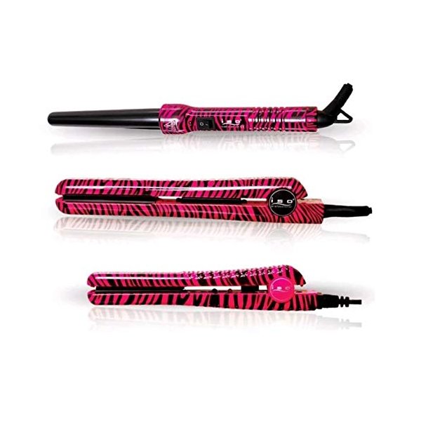 ISO Beauty Full Set w/ 1.25" Hair Straightener, Curling Iron Wand and Mini Flat Iron Complete Full Set (Pink Zebra)