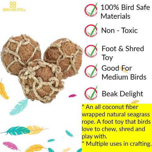 Bonka Bird Toys 1276 (Pk3) Coconut Fiber Balls 3", Parrot Foot Talon Chew Forage Cage Toy, Amazon, African Grey, Pionus, and Similar