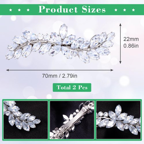 HINZIC 2Pcs Rhinestone Barrettes Crystal Sparkly Leaf Diamond Hair Clips Silver French Bridal Hairpins Wedding Engagement Prom Christmas Valentines Accessories for Bride Women Girls Thick Hair