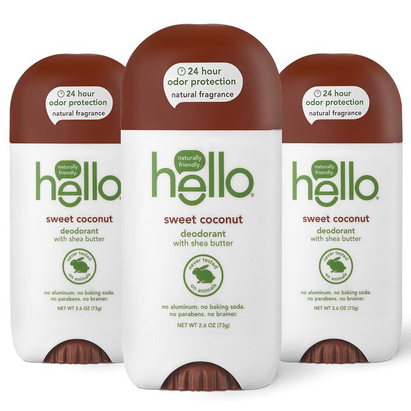 hello Sweet Coconut Deodorant With Shea Butter for Women + Men, 24 Hour Odor Protection, No Aluminum + No Baking Soda, Vegan & Parabens Free, 2.6oz, 3 count