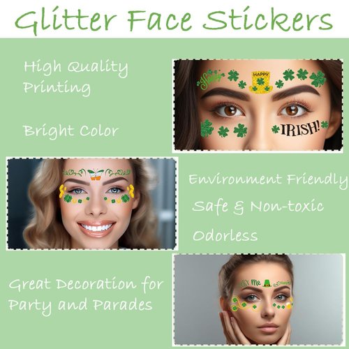 NALoRa St. Patrick's Day Temporary Tattoos, 10 Set Shamrock Face Tattoo Stickers Irish Saint Patrick's Day Stickers Party Supplies Decoration Green Clover Tattoos for St. Patrick's Day Parade
