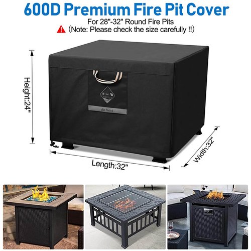 QH.HOME Fire Pit Cover Square Super Waterproof, 32" L x 32" W x 24" H Outdoor Firepit Table Cover 600D Strong Tear Resistant, UPF 50+ Fire Pit Cover Fading Resistant for Square Fire Pit - Black