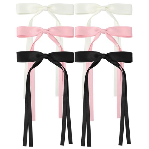 AWAYTR Silky Satin Hair Bow Clip, 3 Pack - Pink, Beige, Black (Long tail, Hair Accessory, Hair Securing, Women, All Ages, Hair Clip)