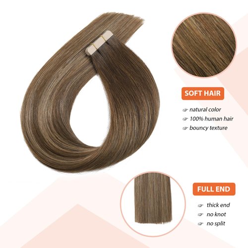 XDhair Tape in Hair Extensions Remy Human Hair Ombre Chocolate Brown Color 4 Fading To 27 Caramel Blonde Balayage Hair Extensions 20Pcs 50g 20Inch (20, #4/27/4)