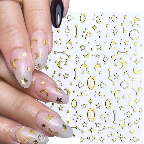 12 Sheets Gold Nail Art Stickers Decals,Nail Supplies 3D Self-Adhesive Nail Decals Metallic Stars Moon Glitter Gold Silver Nail Art Design Stickers for Women Girls Manicure Accessories Craft