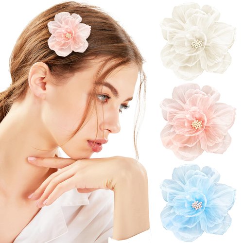 PLwelth 3Pcs Hawaiian Flower Hair Clips for Women Girls Toddlers Cute Floral Hairpins Boho Flower Hair Barrettes for Long Curly Hair Trendy Hair Accessories for Wedding Vacation Beach Party