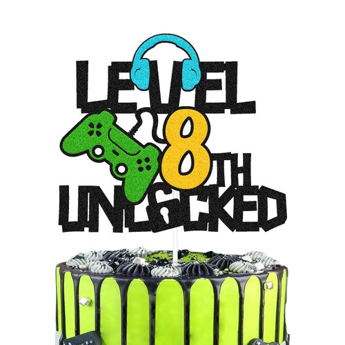 Level 8th Unlocked Cake Topper, Happy 8th Birthday Level Up Cake Decoration, Video Game Controller Play Game Theme, Boy’s Eight Birthday Party Supplies