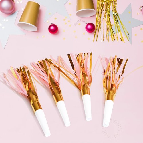 24 Pieces Gold Pink Noise Maker Girl Party Decoration Favor Squawkers Blowouts Whistle Party Blower for Birthday Baby Shower Bachelorette Wedding New Year Party Supplies