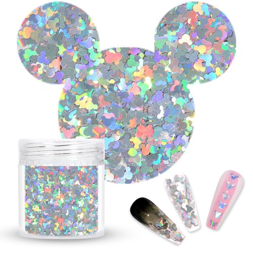 Laza 2g Chunky Glitter Mickey Mouse Shaped Confetti Nail Charms Holographic Sequins Stickers Sparkle for DIY Crafts Nail Art Decoration Party Face Body Make Up Resin - Laser Silver