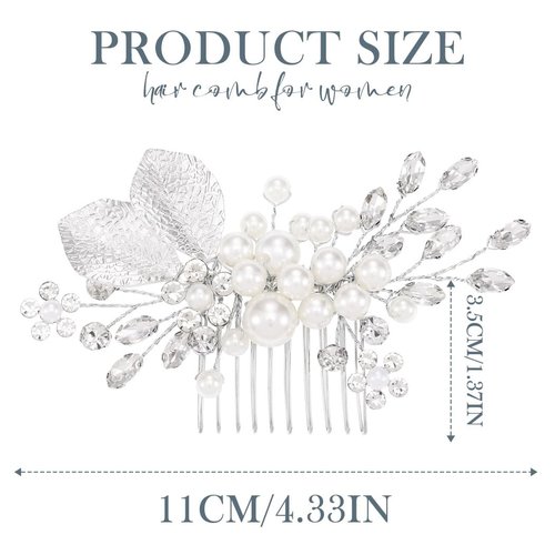 Kisshine Pearl Bride Wedding Hair Comb Rhinestone Silver Bridal Headpiece Leaf Hair Piece Wedding Hair Accessories for Women and Girls