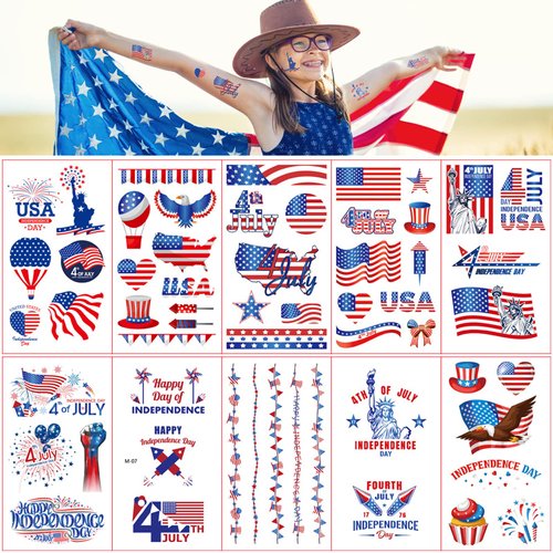 4th of July Temporary Tattoo Kids : 10 Sheets Tattoo Stickers Complete Independence Day Collection, these patriotic tattoos are perfect for Memorial Day and all your 4th of July decorations. (M series)