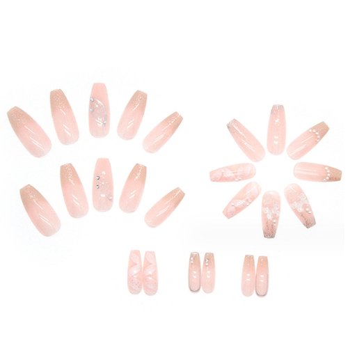 Hkanlre Pink Press on Nails Butterfly Coffin Fake Nails Tips Full Cover French False Nails for Women and Girls 24PCS