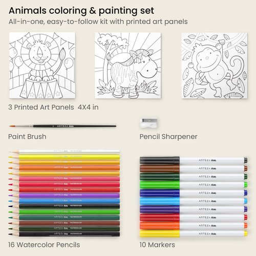 ARTEZA Kids Animals Coloring Kit, 3 Canvases 4 x 4 Inches, 10 Markers, 16 Watercolor Pencils, 1 Paint Brush, 1 Sharpener, Art Set for Kids Activities