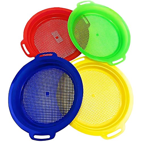 Matty's Toy Stop Sand Sifter Sieves for Sand & Beach (Red, Blue, Yellow & Green) Complete Gift Set Bundle - 4 Pack (8.75'' x 9.75")