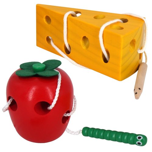 Early Development Toys Wooden Lacing Toys, Montessori Activity Caterpillars Eat Apple and Kids Cheese Toys, Children Learning Educational Wood Block Puzzles Toy for Toddlers Boys Girls