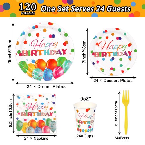 120 Pcs Happy Birthday Decorations Happy Birthday Party Plates and Napkins Colorful Dots Disposable Dinner Tableware Set With Plates Napkins Cups Fork for Kids Party Supplies Serves 24 Guests