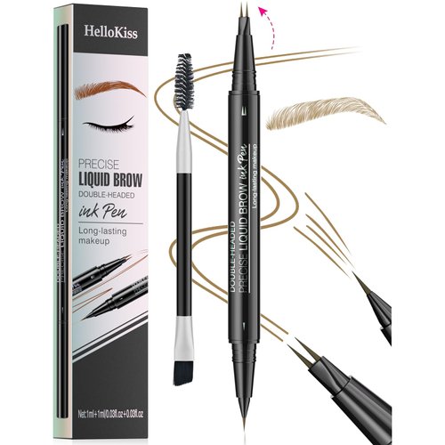 9708 2-Tip Double-Ended Eyebrow Pen, 2-in-1, with Eyebrow Brush. Waterproof and Sweat Proof,Precise Liquid Brow, 5 Shades, Long-Lasting (1#Light Brown)