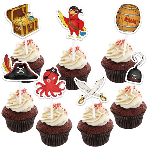 WERNNSAI 49 PCS Pirate Cupcake Toppers - Pirate Birthday Party Decorations for Kids Boys Halloween Parrot Octopus Pirate Ship Cake Toppers Picks Cake Decorations Pirate Theme Party Supplies Cake Decor