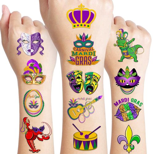 105 PCS Mardi Gras Temporary Tattoos Sticker Fat Tuesday, Festival, Carnival, Mardi Gras Birthday Party Decorations Supplies Favors Gifts Girls Boys Cute Tattoo School Reward Themed