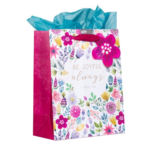 Christian Art Gifts Gift Bag/Tissue Paper Set Be Joyful Always 1 Thessalonians 5:16 Bible Verse, Pink/Purple Floral, Medium