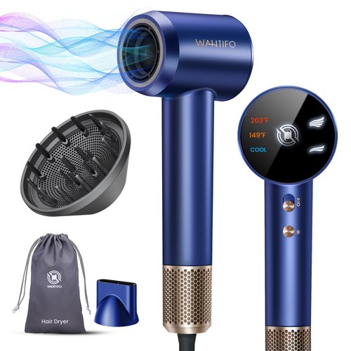 WANTIFO Hair Dryer with Diffuser & Nozzle Magnetic, Hair Blow Dryer for Curly Hair, 110000 RPM High-Speed Brushless Motor for Fast Drying, Negative Ionic Care Hair Dryer for Home,Salon,Travel (Blue)