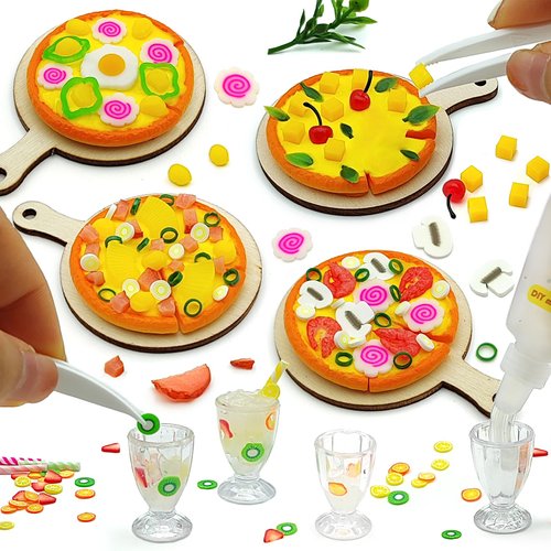 Making Mini Food Kit Toy Miniature Pizza Food Collectible Toy DIY Pretend Kitchen Play Food Kit for Kids Age 8+ (4 Pizzas Set)