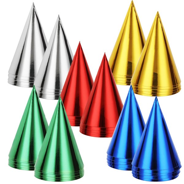 WOPPLXY 100 Pcs Party Hats, Birthday Party Hats, Multicolor Metallic Cone Party Hats with Elastic String, Cone Paper Hats for Youth Adults(Gold, Silver, Red, Green, Blue)
