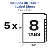 Avery 8 Tab Plastic Dividers for 3 Ring Binder, Easy Print & Apply Clear Label Strip, Index Maker Customizable Multicolor Tabs, 5 Sets (11433)