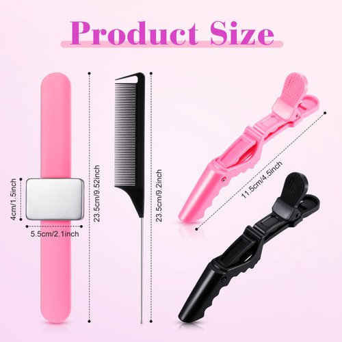 14-Piece Hair Braiding Set: 2 Magnetic Wristbands, 4 Parting Combs, 8 Wide-Tooth Sectioning Clips (Black, Pink)