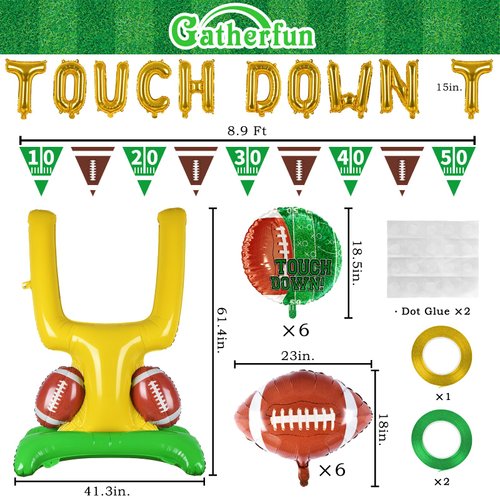 Football Party Supplies Kit - Touchdown Letter Balloons, Goal Post & Football Shaped Foil Balloons, Round 'Touchdown!' Foil Balloons, and Banner for Birthday, Game day, Tailgate Party Decorations