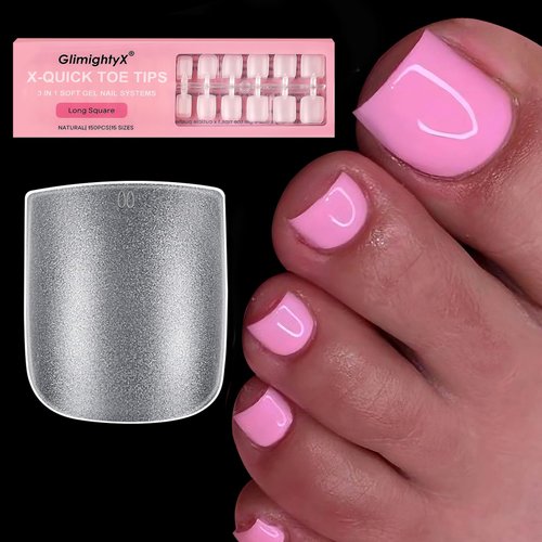 Soft Gel Toe Nail Tips,GlimightyX Long Square Fake Toenails with Tip Primer Cover,Pre-shaped Full Matte Square Toe Tips Gel Press On Nails Clear for Gel Acrylic Nail Extension