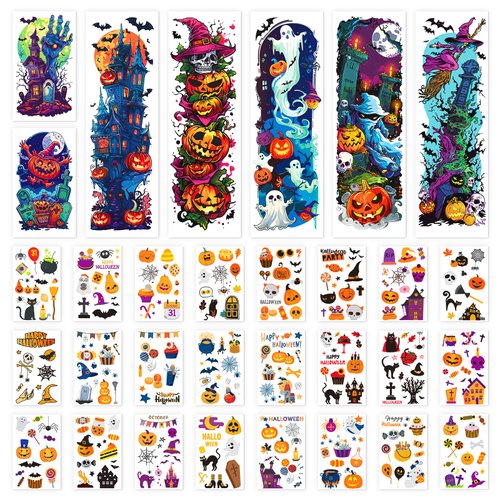 TatoYard 36 Sheets Fake Temporary Tattoos Sleeves for Halloween Party Favors, Personalized Tattoo Stickers for Halloween Party Supplies, Washable Temp Tattoos Kit for Halloween Decorations Accessories